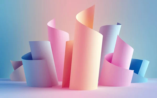 3D Render, papper band rullar, abstrakta former, mode bakgrund, snurra, pastellfärgade Neon rullar, curl, spiral, cylinder — Stockfoto