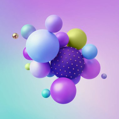 3D render, soyut renkli geometrik arka plan, renkli topları, ilkel şekiller, minimalist tasarım, pastel neon renkler paleti, parti dekorasyon, plastik oyuncaklar, izole elemanları