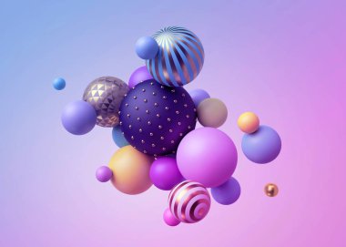 3D render, soyut pastel toplar, pembe mavi balonlar, geometrik arka plan, çok renkli ilkel şekilleri, minimalist tasarım, pastel renkler paleti, parti dekorasyon, plastik oyuncaklar, izole öğeleri