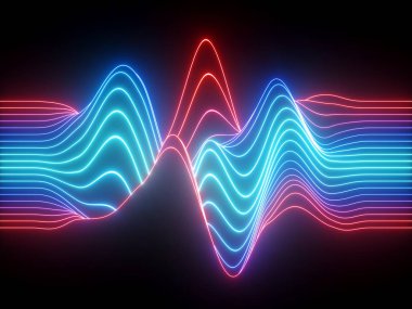 3D render, kırmızı mavi dalgalı neon çizgiler, elektronik müzik sanal ekolayzer, ses dalgası görselleştirme, ultraviyole ışık arka plan