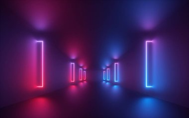3D render, kırmızı mavi neon ışık, aydınlatmalı koridor, tünel, boş alan, ultraviyole ışık, 80 ' in retro tarzı, moda gösterisi sahne, soyut arka plan