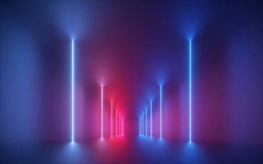 3D render, pembe mavi neon ışık, dikey parlayan çizgiler, aydınlatmalı koridor, tünel, boş oda, sanal alan, ultraviyole ışık, 80 ' in retro tarzı, moda gösterisi sahne, soyut arka plan