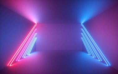 3D render, pembe mavi neon hatları, ışıklı boş oda, sanal alan, ultraviyole ışık, 80 ' in retro tarzı, moda gösterisi sahne, soyut arka plan