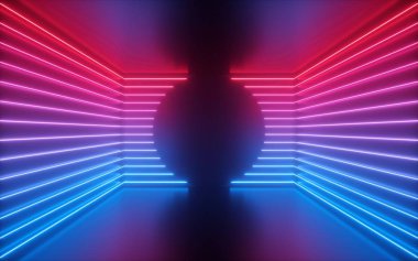 3D render, kırmızı mavi neon hatları, boş oda içinde yuvarlak şekil, sanal alan, ultraviyole ışık, 80 's tarzı, Retro disko kulübü iç, moda gösterisi sahne, soyut arka plan
