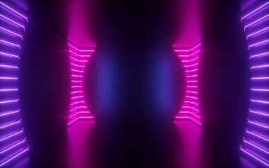 3D render, şeklin içini boş oda, sanal alan, ultraviyole ışık, 80'lerin tarzı, retro disko kulübü iç, moda gösterisi sahne, yuvarlak pembe neon satırları arka plan soyut