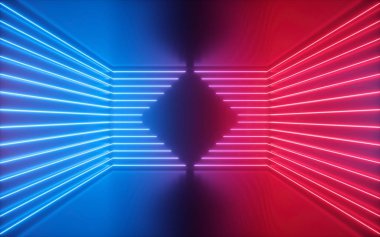3D render, kırmızı mavi neon hatları, boş oda içinde Rhombus şekli, sanal alan, ultraviyole ışık, 80 's tarzı, Retro disko kulübü iç, moda gösterisi sahne, soyut arka plan