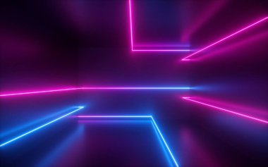 3D render, pembe mavi neon çizgiler, geometrik şekiller, sanal alan, ultraviyole ışık, 80'lerin tarzı, retro disko, lazer defile, arka plan
