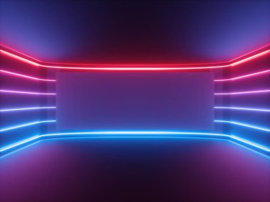3D render, kırmızı mavi neon ışık, parlayan çizgiler, boş yatay ekran, ultraviyole spektrum, boş oda, soyut arka plan