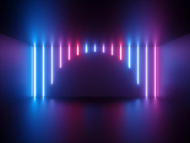 3D render, pembe mavi neon ışık, dikey parlayan çizgiler, yuvarlak şekil, ultraviyole spektrum, gösteri sahnesi, soyut arka plan