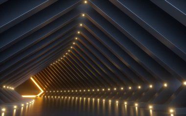 3D render, soyut arka plan, koridor, tünel, sanal gerçeklik alanı, sarı neon ışıkları, moda podyum, kulüp iç, boş ambar, zemin yansıma