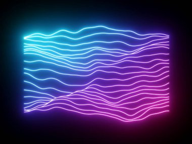 3D render, pembe mavi dalgalı neon çizgiler, elektronik müzik sanal ekolayzer, ses dalgası görselleştirme, ultraviyole ışık arka plan