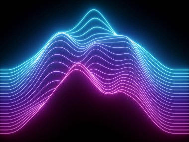 3D render, pembe mavi dalgalı neon çizgiler, elektronik müzik sanal ekolayzer, ses dalgası görselleştirme, ultraviyole ışık arka plan