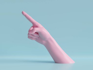 3D render, kadın el izole, parmak yukarı, jest işaret, yön sembolü, dükkan ekran, minimal moda arka plan, manken vücut parçası, gösteri, sunum, pembe mavi pastel renkler