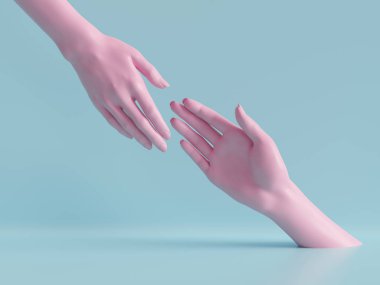 3D render, güzel eller izole, kadın manken vücut parçaları, minimal moda arka plan, yardım eller, nimet, ortaklık kavramı, pembe mavi pastel renkler