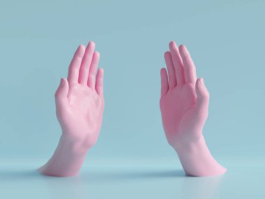 3D render, güzel eller izole, kadın manken vücut parçaları, minimal moda arka plan, yardım eller, nimet, ortaklık kavramı, pembe mavi pastel renkler