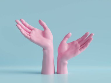 3D render, kadın elleri izole, mücevher Dükkanı ekran, minimal moda arka plan, manken vücut parçaları, yardım eller, gösteri, sunum, pembe mavi pastel renkler