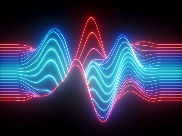 Rendu 3d, lignes fluo bleu rouge ondulé, égaliseur virtuel de musique électronique, visualisation d'ondes sonores, fond abstrait de lumière ultraviolette — Photo