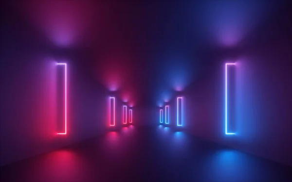 3d render, lampu neon biru merah, koridor bercahaya, terowongan, ruang kosong, sinar ultraviolet, gaya retro 80-an, fashion show stage, latar belakang abstrak — Stok Foto