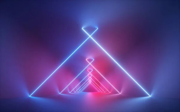 Renderização 3d, luz de néon azul rosa, linhas brilhantes, corredor iluminado, túnel, sala vazia, espaço virtual, luz ultravioleta, estilo retro dos anos 80, palco de desfile de moda, fundo abstrato — Fotografia de Stock