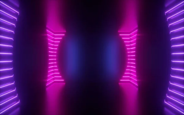 Renderização 3d, linhas de néon rosa, forma redonda dentro do quarto vazio, espaço virtual, luz ultravioleta, estilo dos anos 80, interior do clube de discoteca retro, palco de desfile de moda, fundo abstrato — Fotografia de Stock