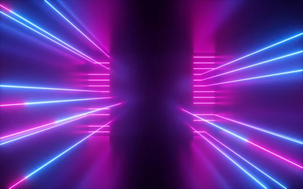 3D vykreslení, růžové modré neonové čáry, geometrické tvary, virtuální prostor, prázdná místnost, ultrafialové světlo, styl 80, retro disco, módní laserová show, abstraktní pozadí — Stock fotografie