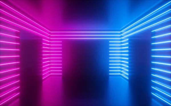 Rendering 3d, linee al neon rosa, forme quadrate all'interno della stanza vuota, spazio virtuale, luce ultravioletta, stile anni '80, interni retrò disco club, palcoscenico della sfilata di moda, sfondo astratto — Foto Stock