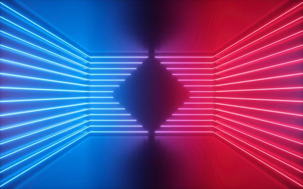 Rendering 3d, linee al neon blu rosse, forma rombo all'interno della stanza vuota, spazio virtuale, luce ultravioletta, stile anni '80, interni retrò disco club, palcoscenico della sfilata di moda, sfondo astratto — Foto Stock