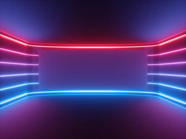 3d render, red blue neon light, glowing lines, blank horizontal screen, ultraviolet spectrum, empty room, abstract background — Stock Photo, Image