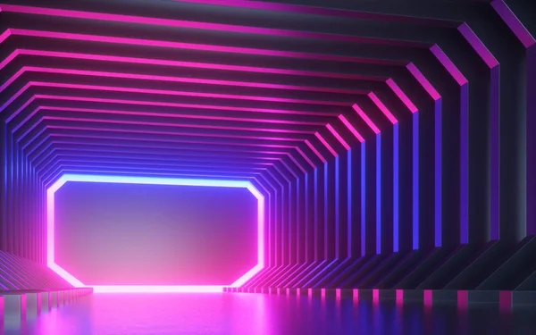 Renderização 3d, fundo de néon abstrato, corredor, túnel, tela de realidade virtual, espectro ultravioleta, show a laser, pódio de moda, fase de clube, reflexão no chão — Fotografia de Stock