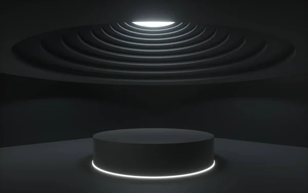 3d render,black abstract background, showcase platform mockup, white ceiling light, empty dark room, cylinder stand, podium — Stock Photo, Image