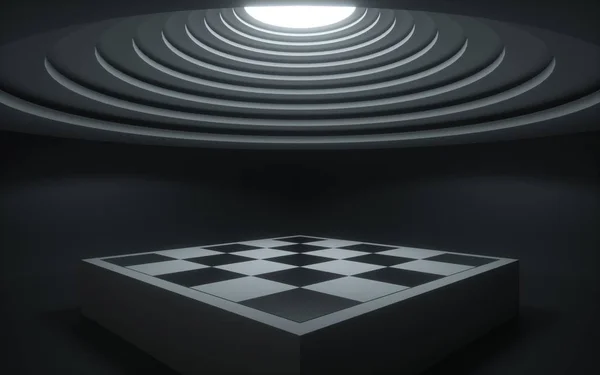3d 렌더링, 추상적인 배경, 기하학적 모양, 체스 보드, 쇼케이스 플랫폼 이랑, 흰색 천장 조명, 빈 어두운 방 — 스톡 사진