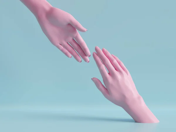 3d render, belas mãos isoladas, partes do corpo do manequim feminino, fundo de moda mínima, ajudando as mãos, bênção, conceito de parceria, rosa azul pastel cores — Fotografia de Stock