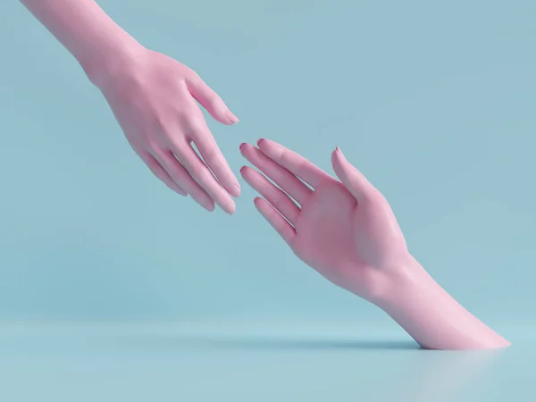 3d render, belas mãos isoladas, partes do corpo do manequim feminino, fundo de moda mínima, ajudando as mãos, bênção, conceito de parceria, rosa azul pastel cores — Fotografia de Stock