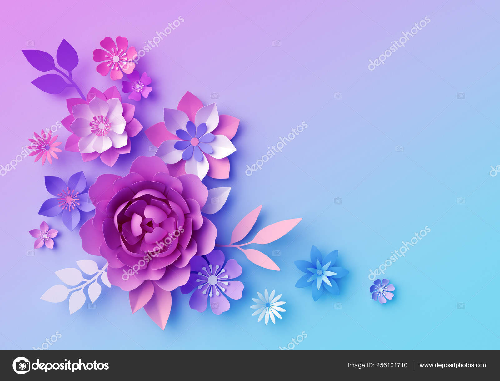 3d Render Botanical Neon Background Pink Blue Paper Flowers