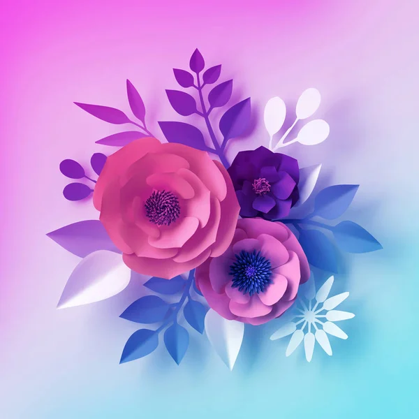 3d render, flores decorativas de papel de neón, ramo aislado, ramo floral, papel pintado botánico de color pastel, plantilla de tarjeta de felicitación, fondo mínimo, espacio para texto —  Fotos de Stock