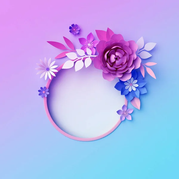 Rendering 3d, fiori di carta al neon, cornice rotonda isolata, ghirlanda, carta da parati botanica a colori pastello, modello di biglietto di auguri, sfondo minimo, spazio per testo, banner vuoto — Foto Stock