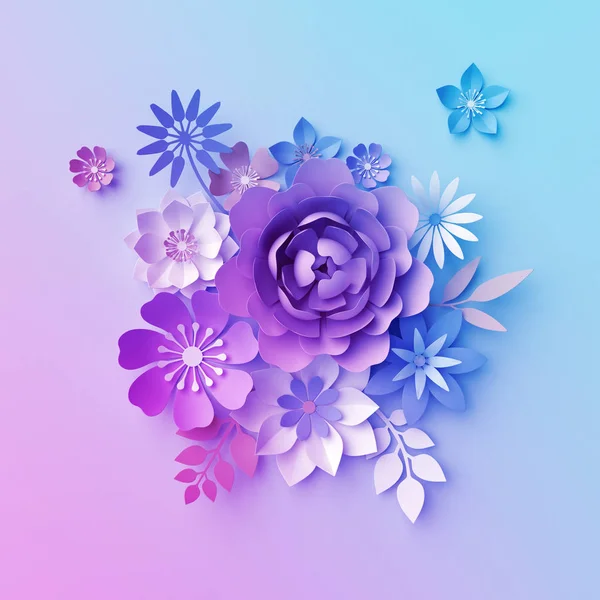 3D Render, dekoracyjne neonowe kwiaty papierowe, na białym tle bukiet, kwiatowy bukiet, pastelowy kolor Tapety botaniczne, szablon karty okolicznościowe, minimalne tło, miejsce na tekst — Zdjęcie stockowe