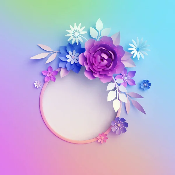 3d render, neon paper flowers, isolated round frame, wreath, pastel color botanical wallpaper, greeting card template, minimal background, space for text, blank banner — Stock Photo, Image