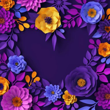 3D parlak neon kağıt çiçekler tasarım, çiçek kalp boş afiş, tebrik kartı şablonu, Sevgililer günü kavramı, şenlikli küçük resim, botanik arka plan
