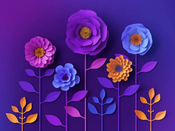 3d 五颜六色的霓虹灯纸花壁纸, 植物背景, 春季夏季剪贴画, 花卉设计元素 — 图库照片