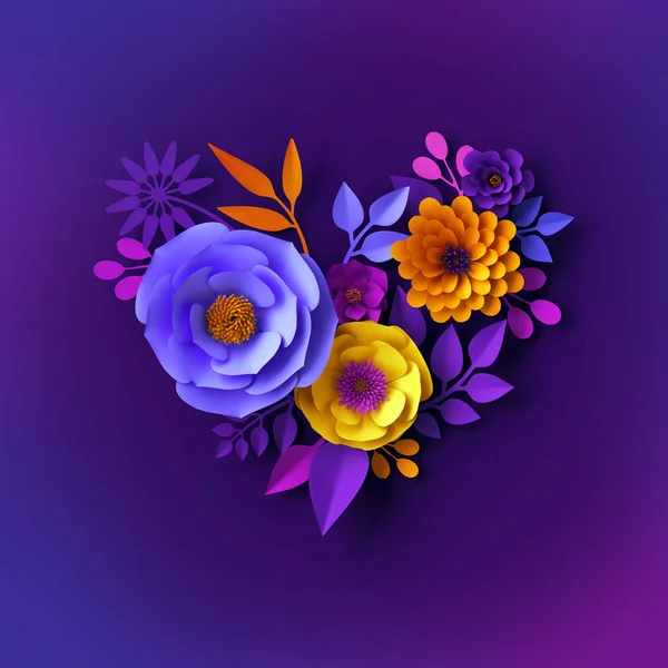 3D canlı Neon kağıt çiçekler tasarım, çiçek kalp şekli, Sevgililer günü kavramı, şenlikli küçük resim, botanik arka plan — Stok fotoğraf