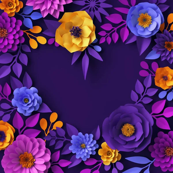 3d brillante diseño de flores de papel de neón, banner en blanco de corazón floral, plantilla de tarjeta de felicitación, concepto de día de San Valentín, clip art festivo, fondo botánico — Foto de Stock