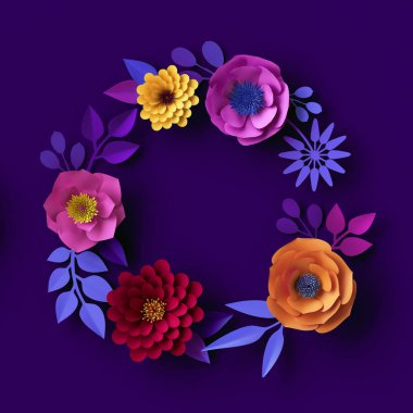 3D renkli kağıt çiçekler, Neon botanik arka plan, yuvarlak çiçek çelenk, boş çerçeve, Boho tebrik kartı şablonu