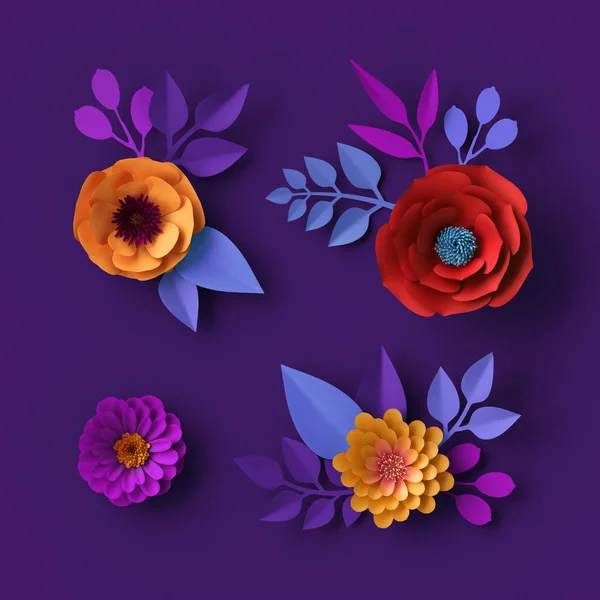 Papier peint 3d fleurs en papier néon coloré, fond botanique, pavot rouge, dahlia rose, clip art printemps été, éléments de conception florale — Photo