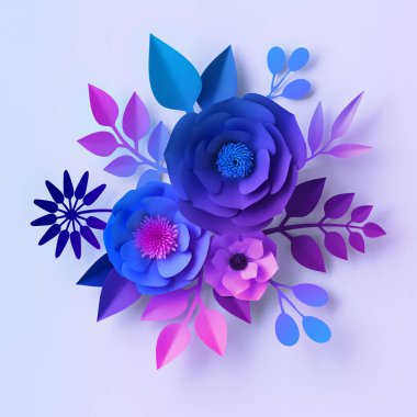 3D render, mavi menekşe Neon kağıt çiçekler, beyaz arka planda izole çiçek buket, botanik duvar dekor, dekoratif tasarım