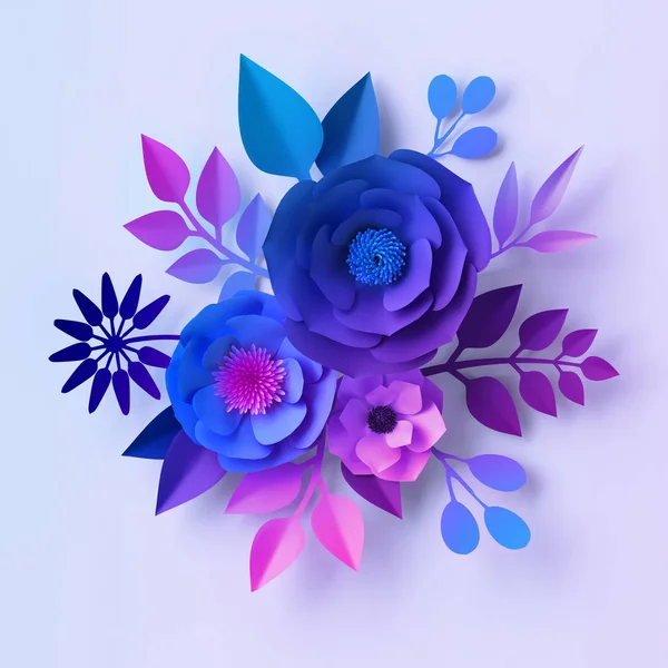 Renderização 3d, flores de papel de néon violeta azul, buquê floral isolado no fundo branco, decoração de parede botânica, design decorativo — Fotografia de Stock