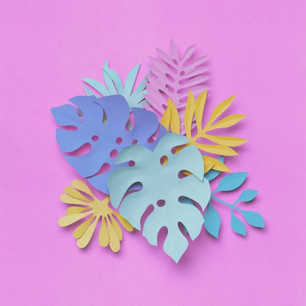 3D-Render, bunte tropische Papierblätter, Strauß, pastellfarbener botanischer Hintergrund, Dschungel-Natur, helle lebendige Farben blau rosa gelb — Stockfoto