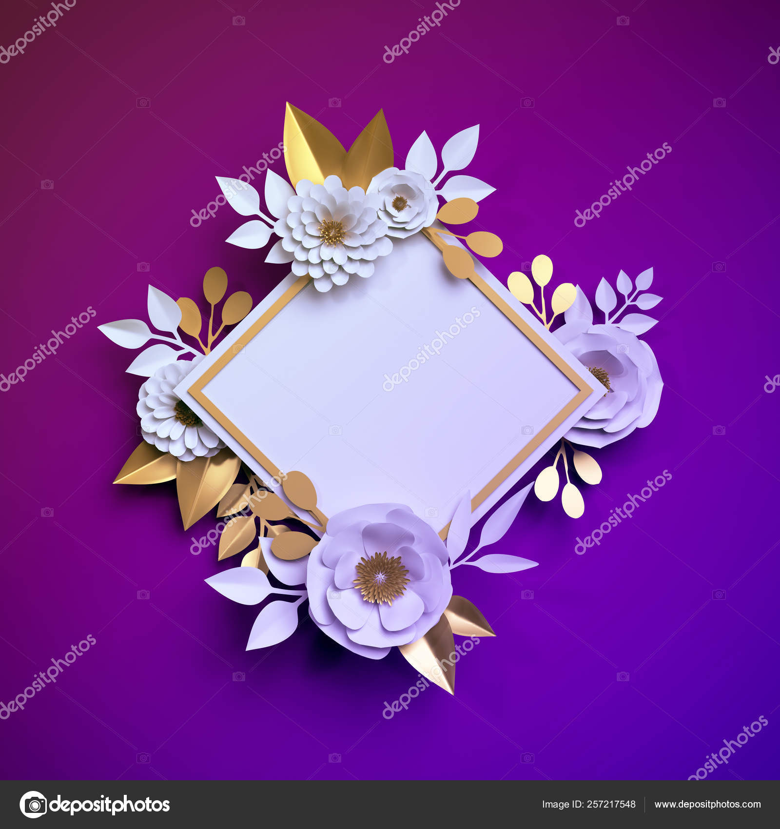 3d render, flores de papel de oro blanco, fondo botánico violeta de neón,  marco cuadrado, plantilla de tarjeta en blanco, decoración festiva — Foto  de stock #257217548 © wacomka, image size:1600x1700