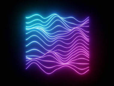 3D render, pembe mavi dalgalı neon çizgiler, elektronik müzik sanal ekolayzer, ses dalgası görselleştirme, ultraviyole ışık arka plan