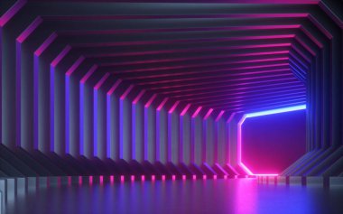 3D render, soyut Neon arka plan, koridor, tünel, sanal gerçeklik ekranı, ultraviyole spektrum, lazer gösterisi, moda podyum, kulüp sahne, zemin yansıma